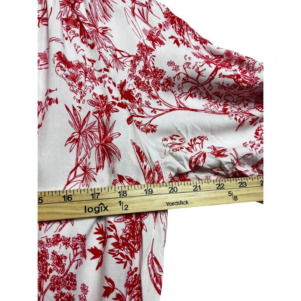 HM LOGG Red White Tropical Toile Tiered Midi Dress‎ V-Neck Drawstring Medium